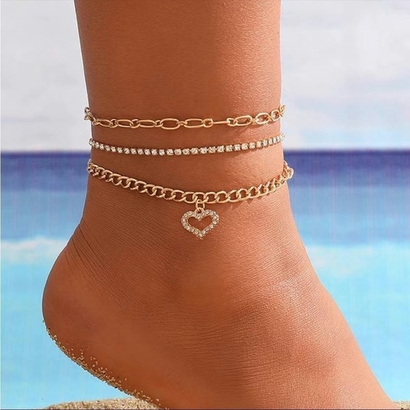 Love Anklet Chain Set of Three Anklets Connected as One Anklet NWT - Picture 1 of 8